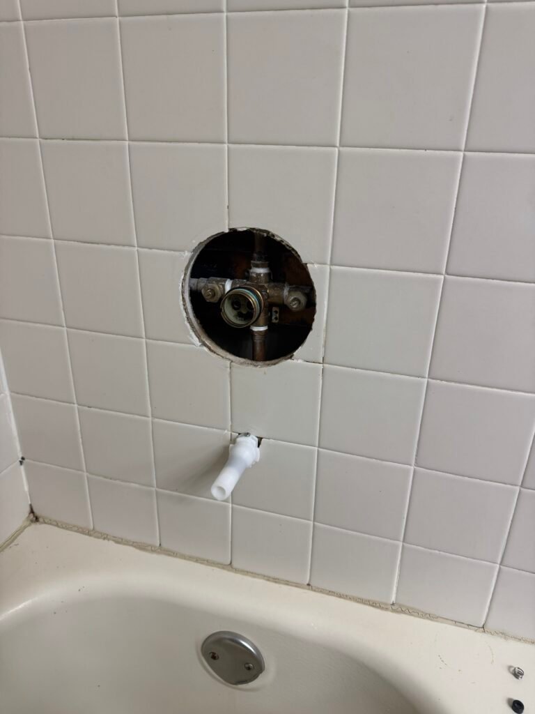 In-Progress Shower Valve Work in Tampa, FL 33635 Exposed shower valve during installation in Tampa, FL 33635