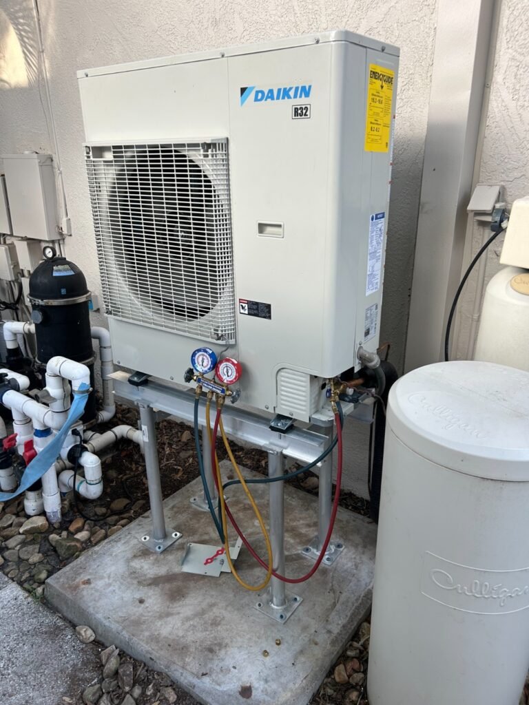 Daikin Fit side-discharge inverter heat pump on a stand, installed by Home Therapist in Tampa, FL 33609