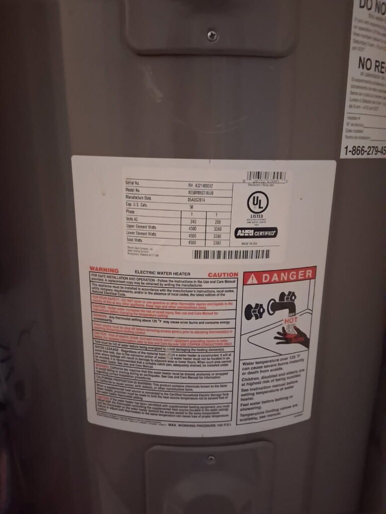 Label details on Rheem water heater, Tampa, FL 33612