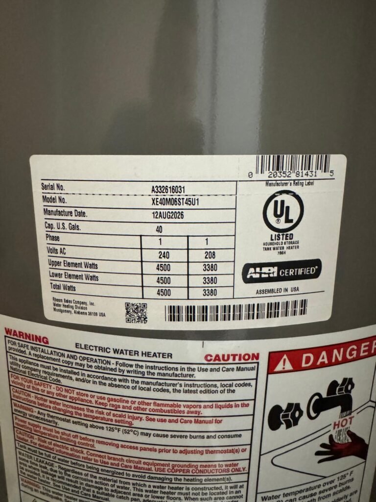 Model and serial number on Rheem water heater, Tampa, FL 33612