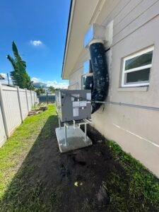 Rear view of HVAC unit with duct connections in Tampa, FL 33615