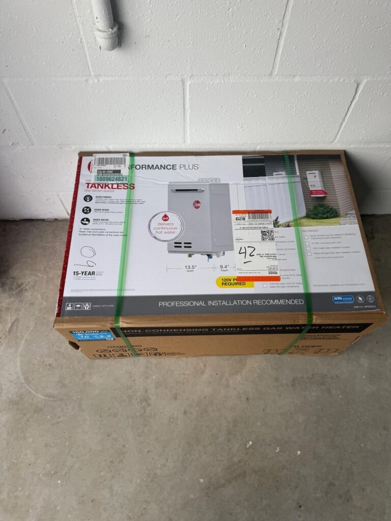 Box of tankless water heater ready for installation in Land O' Lakes, FL 34637.
