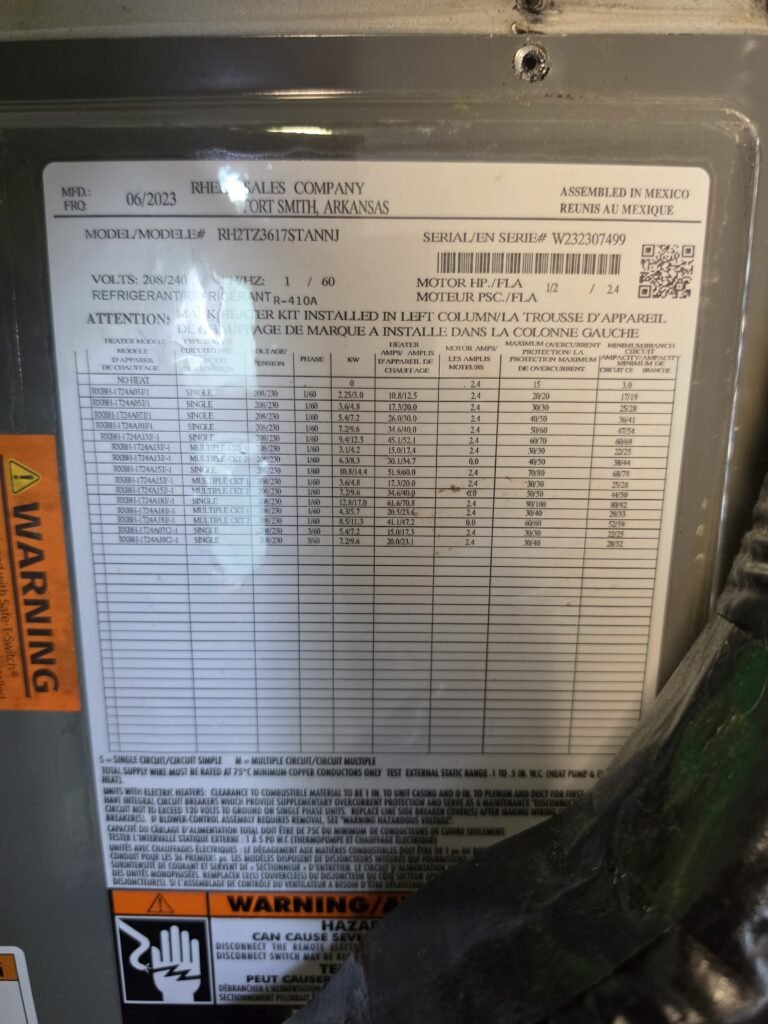 Technical label on HVAC unit, Clearwater, FL 33756