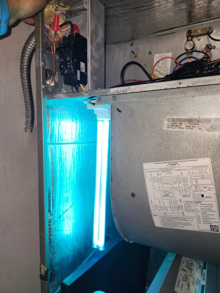 A UV light installed inside an air handler cabinet in Wesley Chapel, FL 33543.