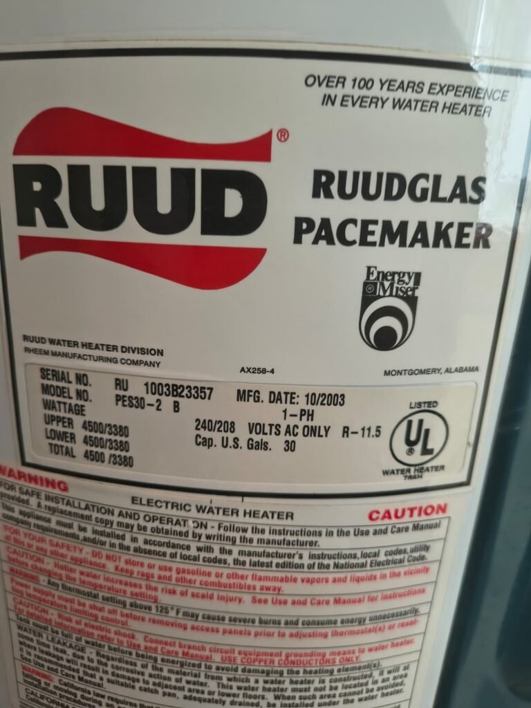 Water heater label showing specifications in Clearwater, FL 33763