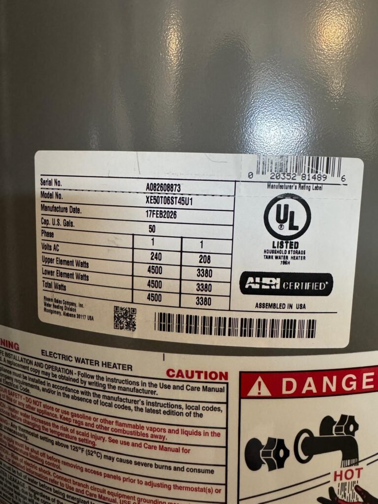 Water Heater Label in Valrico, FL 33596 Close-up of water heater label in Valrico, FL 33596.
