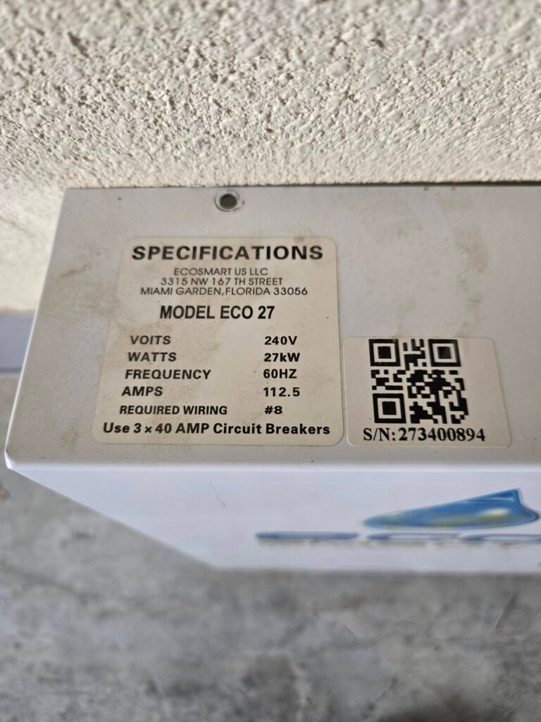 Specifications label on tankless water heater in Riverview, FL 33579