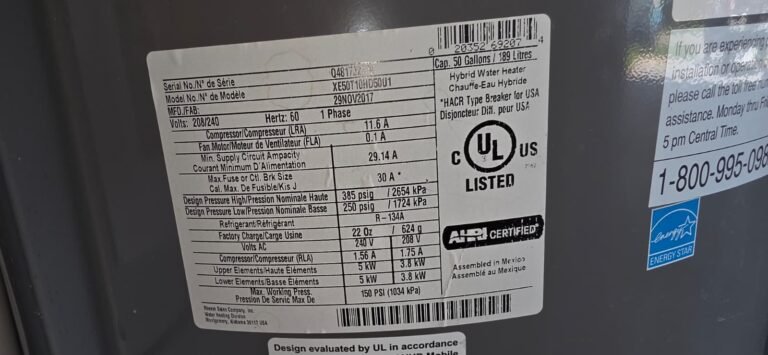 Water heater specification label in Zephyrhills, FL 33542