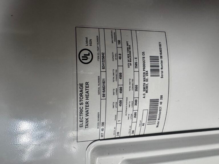 Water heater specification label in Wesley Chapel, FL 33544