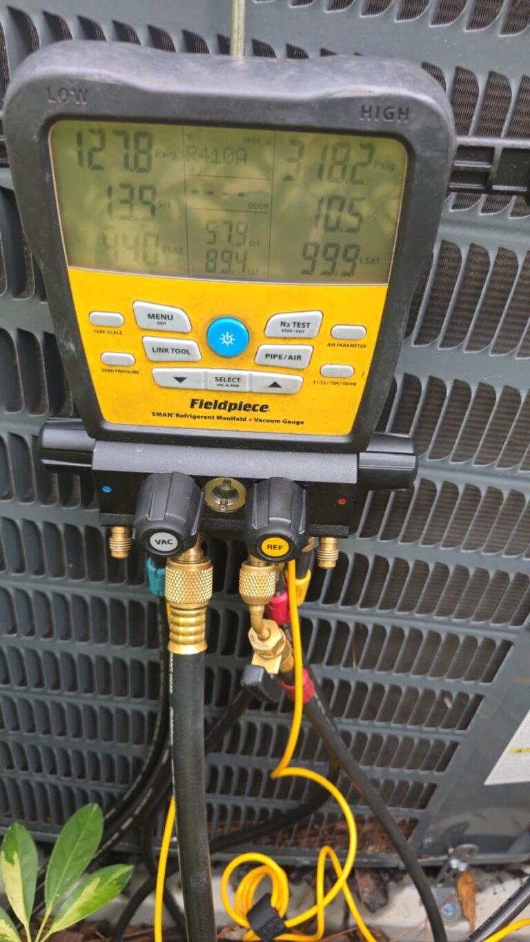 Digital manifold gauge showing AC readings in Tampa, FL 33625
