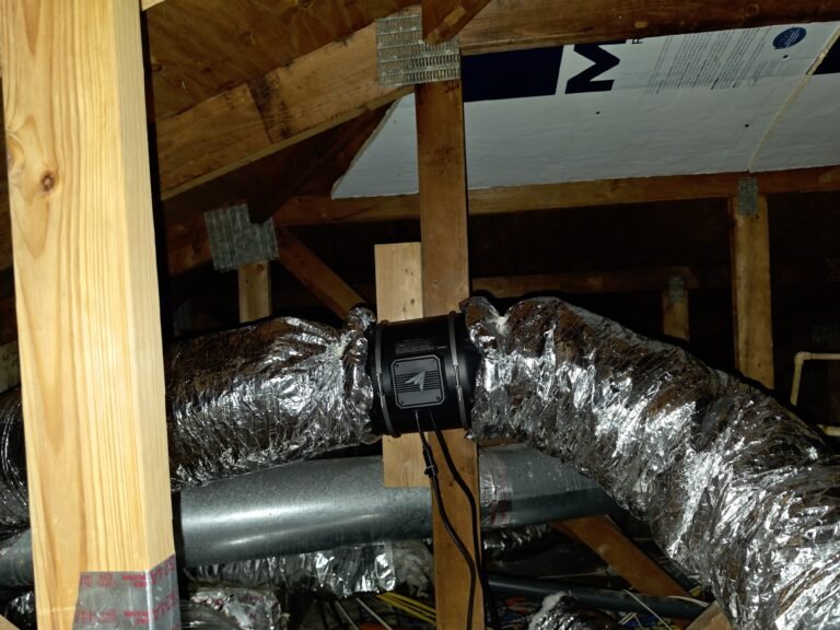 Close-up of inline exhaust fan in attic, Tampa, FL 33618