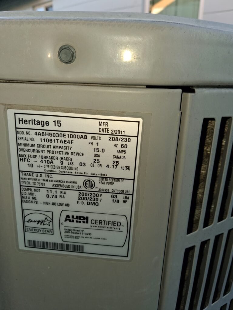 Label on HVAC condenser unit showing specs in Brandon, FL 33511