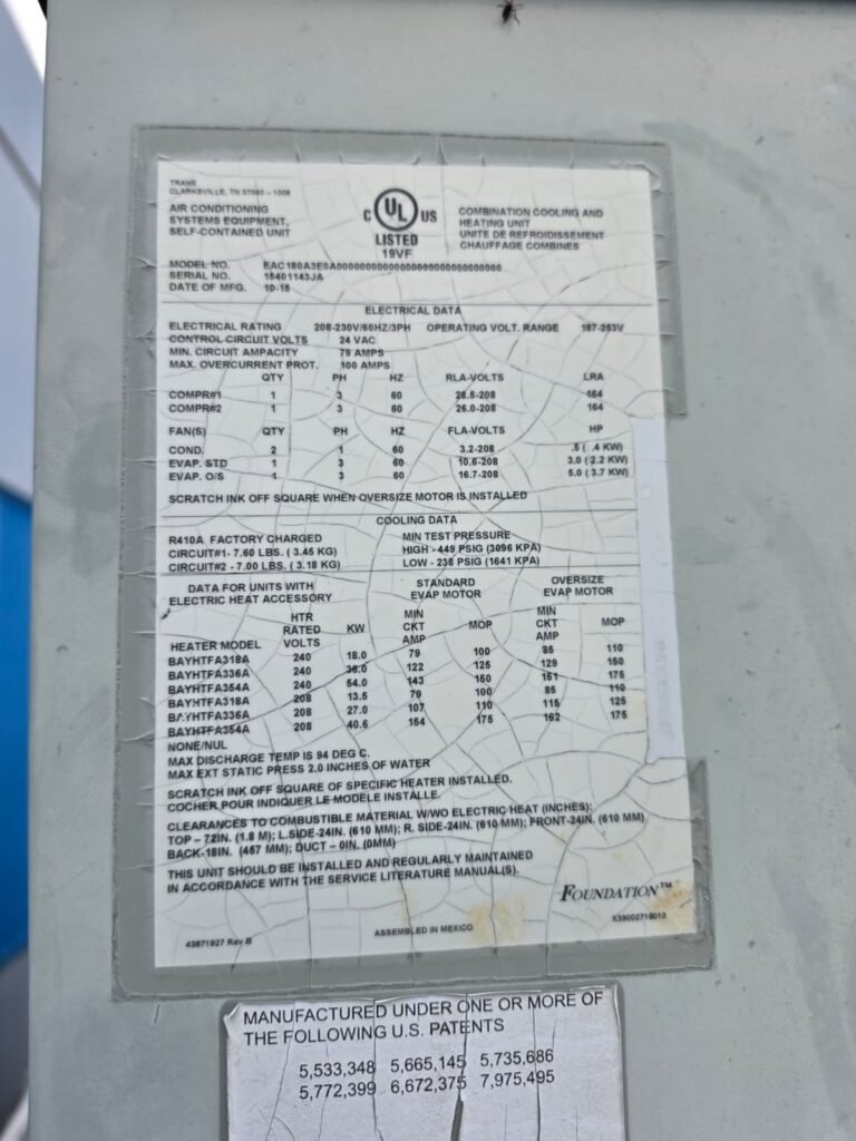 Close-up of data plate on HVAC unit in Brandon, FL 33511