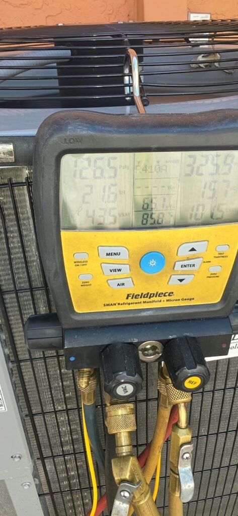AC Tune-Up with Digital Gauge in Palm Harbor, FL 34683 Digital manifold gauge during AC tune-up in Palm Harbor, FL 34683