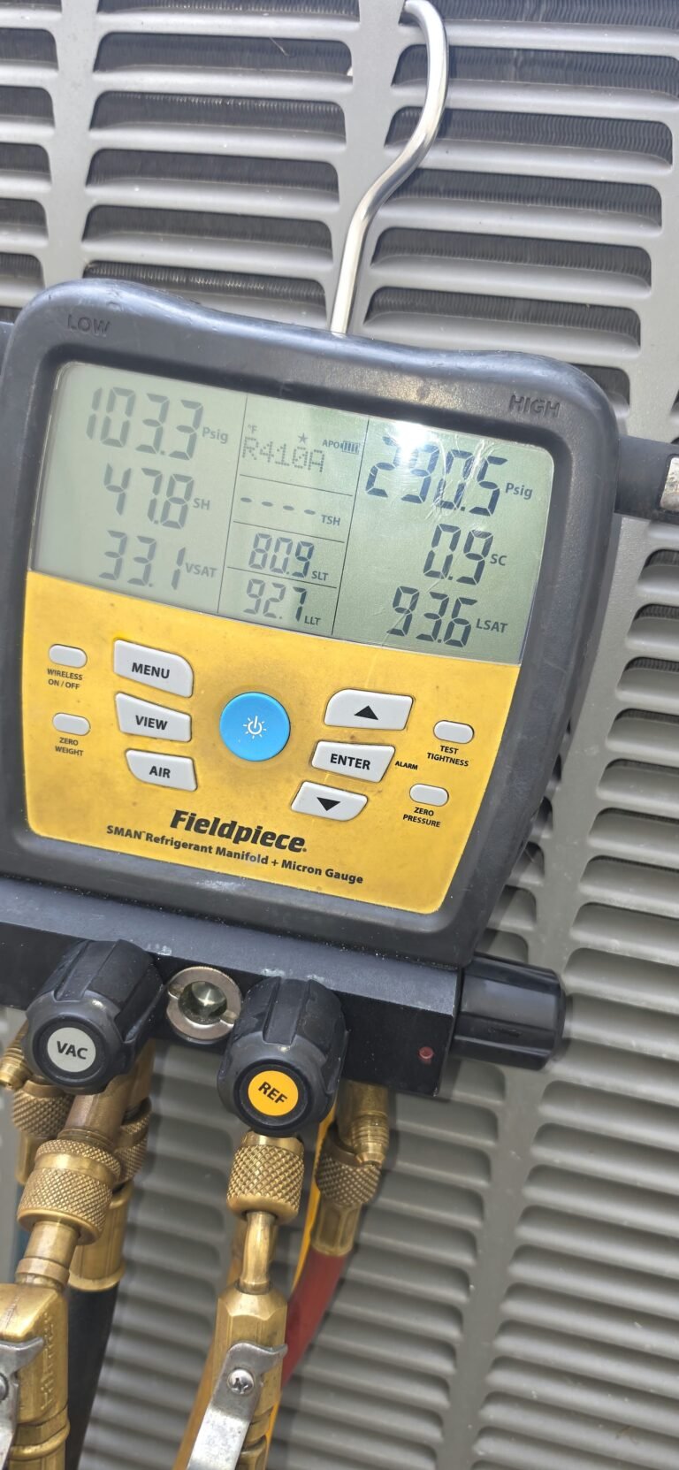 Close-up of digital gauge during HVAC service in Lithia, FL 33547