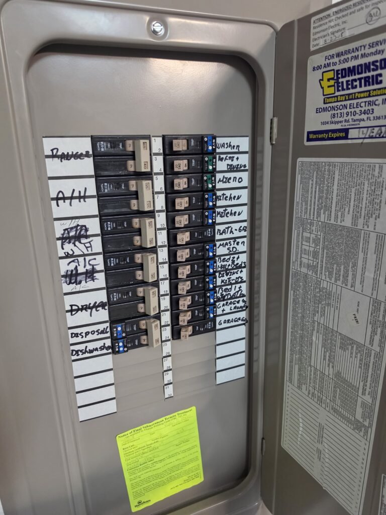Electrical panel with labeled breakers in Riverview, FL 33578