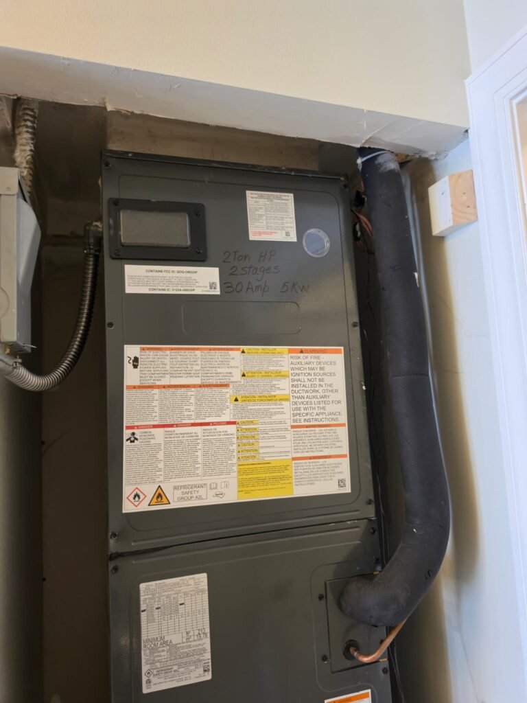 Goodman air handler unit installed with labels in Palm Harbor, FL 34684