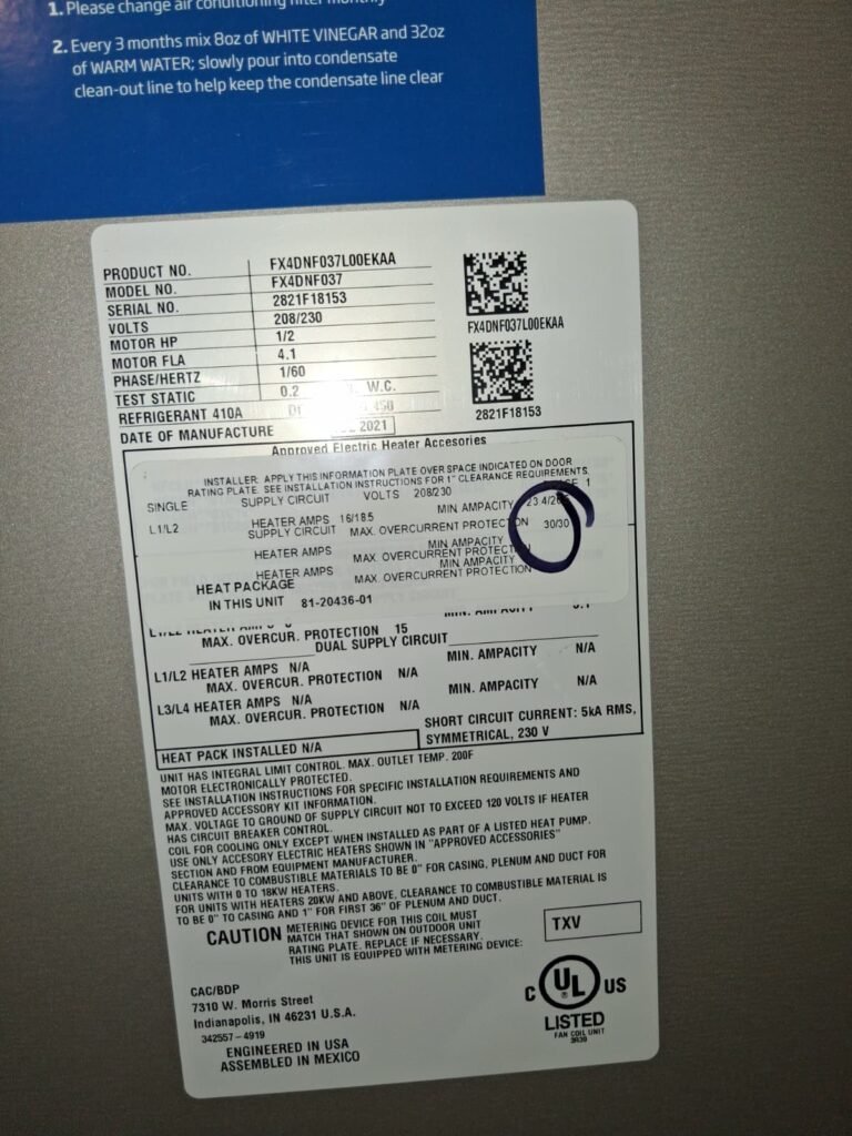 Label on HVAC component with technical details, Tampa, FL 33619