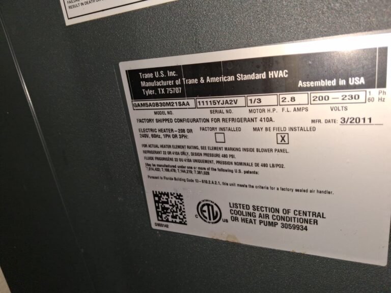 Label on HVAC unit with manufacturing details in Brandon, FL 33511