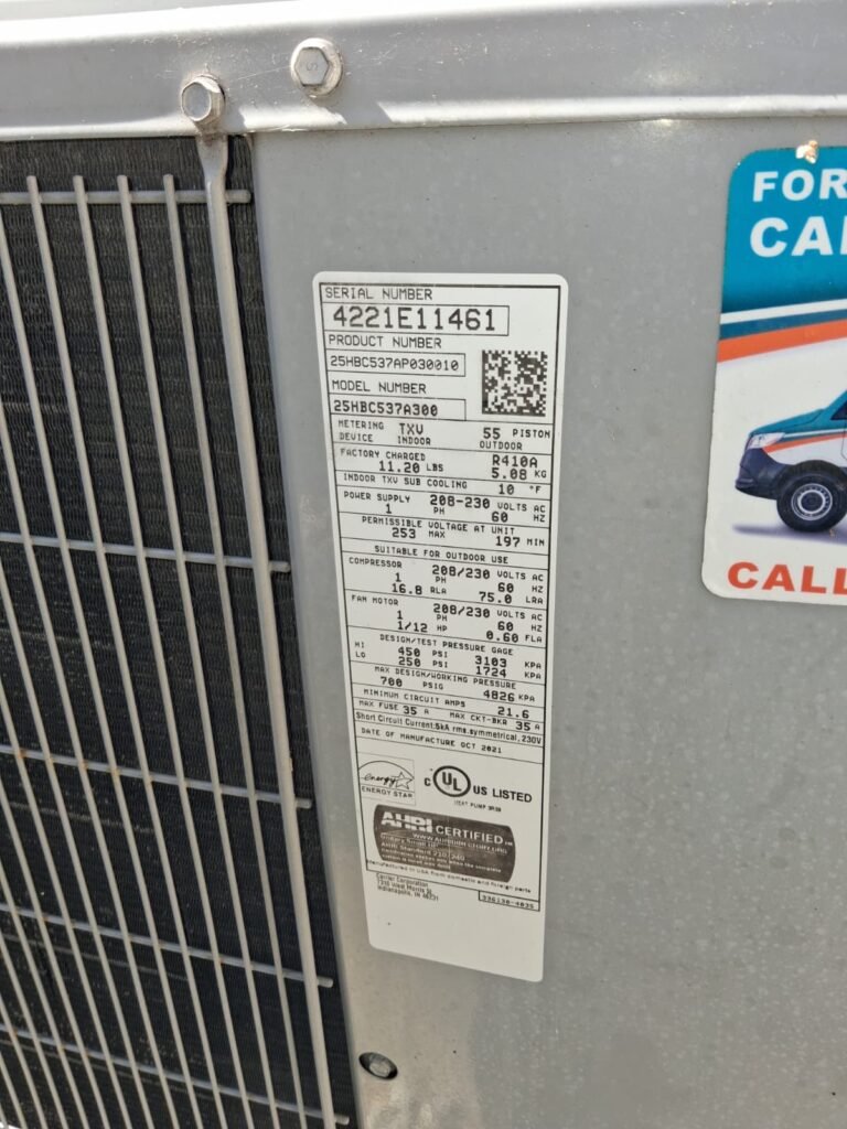 HVAC unit label with specifications in Tampa, FL 33619