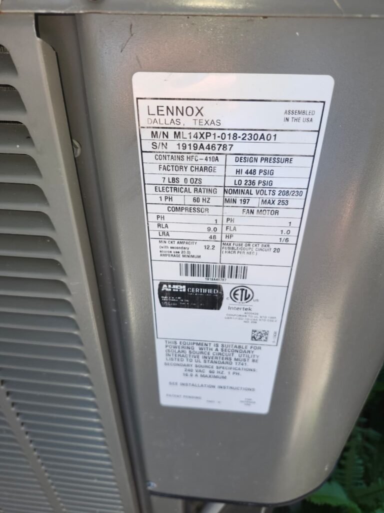 HVAC Unit Specifications in Tampa, FL 33624 HVAC unit label showing specifications in Tampa, FL 33624