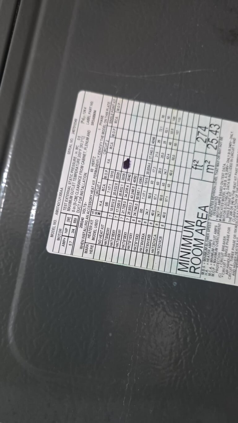 HVAC unit label showing specifications in Tampa, FL 33625