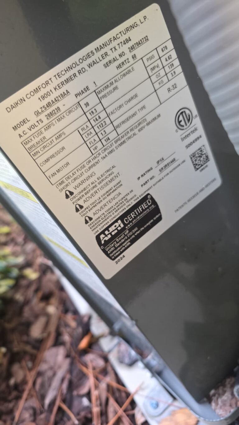 HVAC unit label showing specifications in Tampa, FL 33625