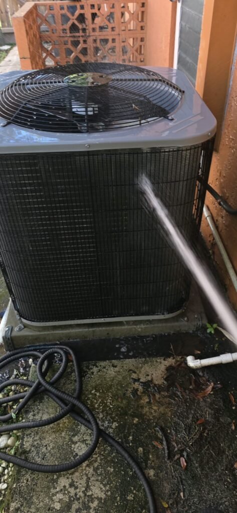 HVAC Unit Sprayed with Water in Palm Harbor, FL 34683 HVAC unit sprayed with water during cleaning in Palm Harbor, FL 34683