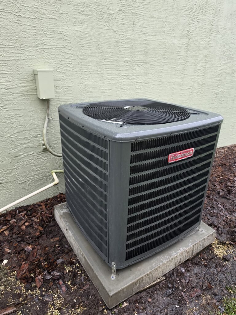 New outdoor HVAC unit with branding in Land O Lakes, FL 34639