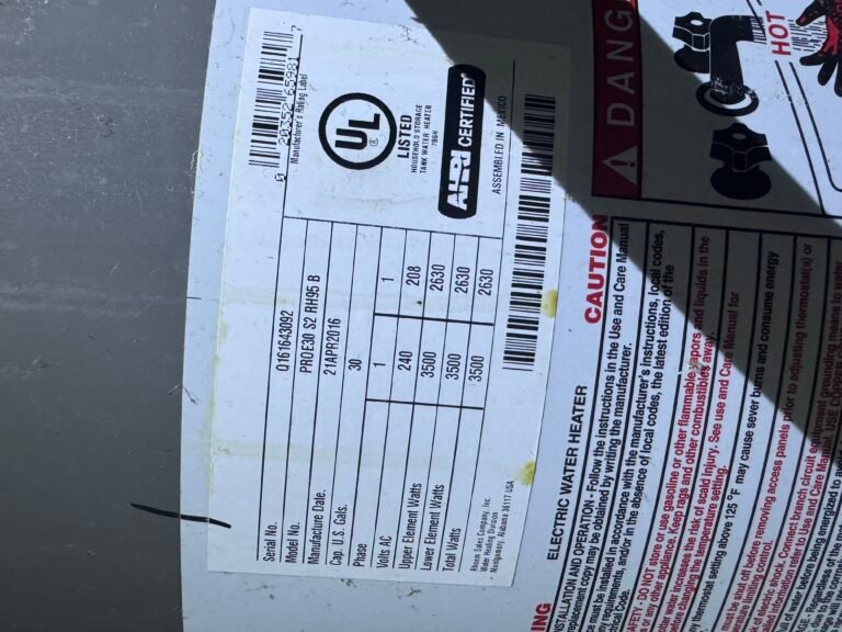 Old Water Heater Specifications in Tampa, FL 33616 Label on old water heater showing specs in Tampa, FL 33616