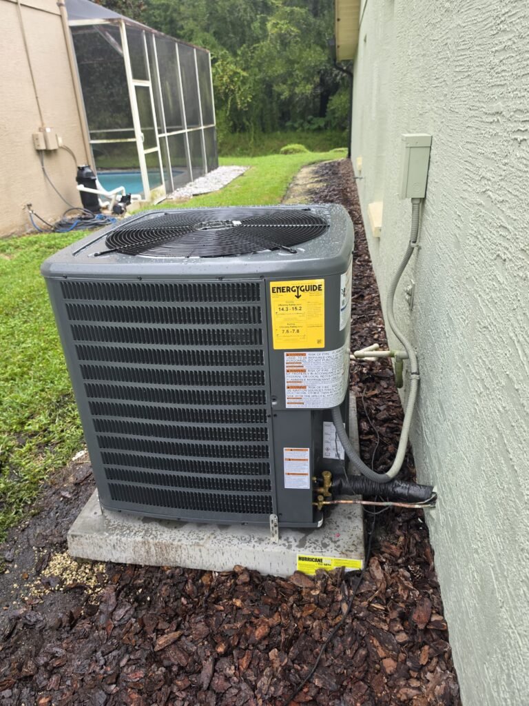 Outdoor HVAC unit with EnergyGuide label in Land O Lakes, FL 34639
