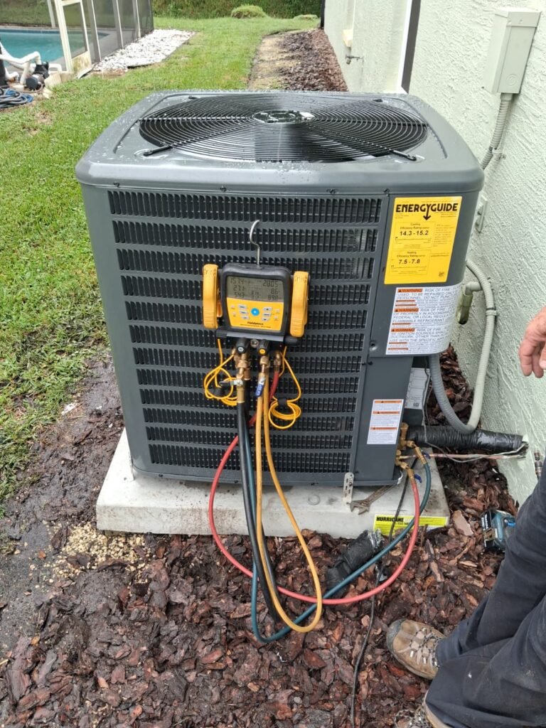 Outdoor HVAC unit with gauges in Land O Lakes, FL 34639