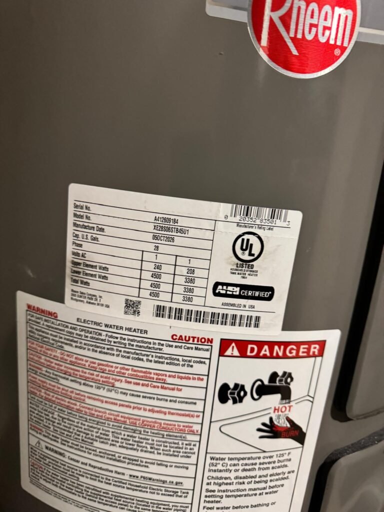 Rheem Water Heater Specifications in Tampa, FL 33616 Label on Rheem water heater showing specs in Tampa, FL 33616