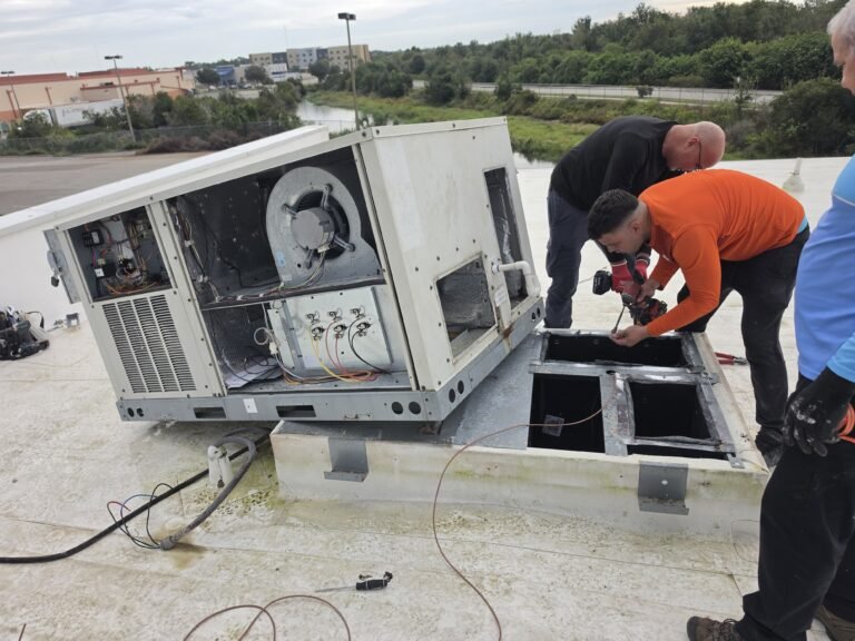 Technicians installing HVAC unit on rooftop, Riverview, FL 33579