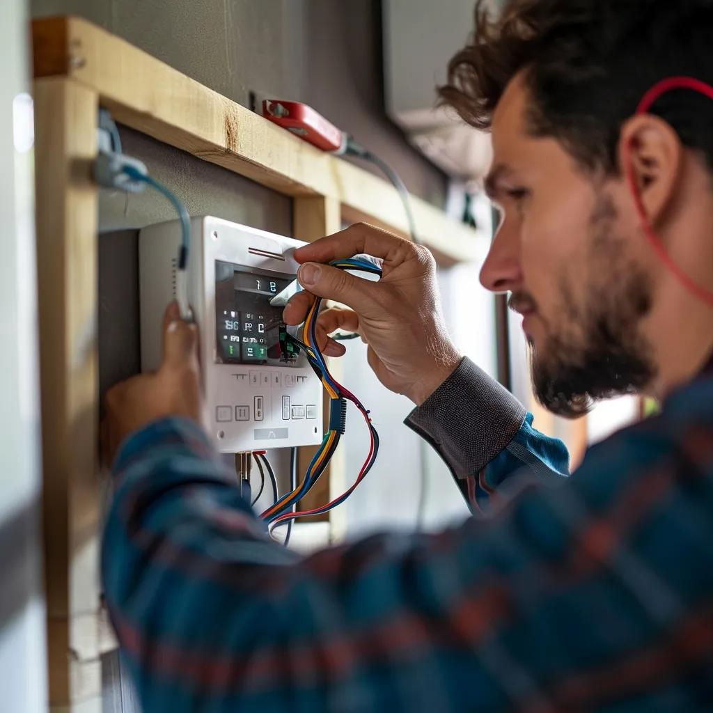 Technician installing a smart thermostat, emphasizing the importance of professional setup for efficiency
