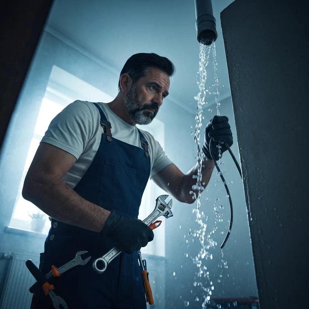 Plumber addressing a plumbing emergency with water leaking from a pipe, illustrating emergency plumbing service scenarios