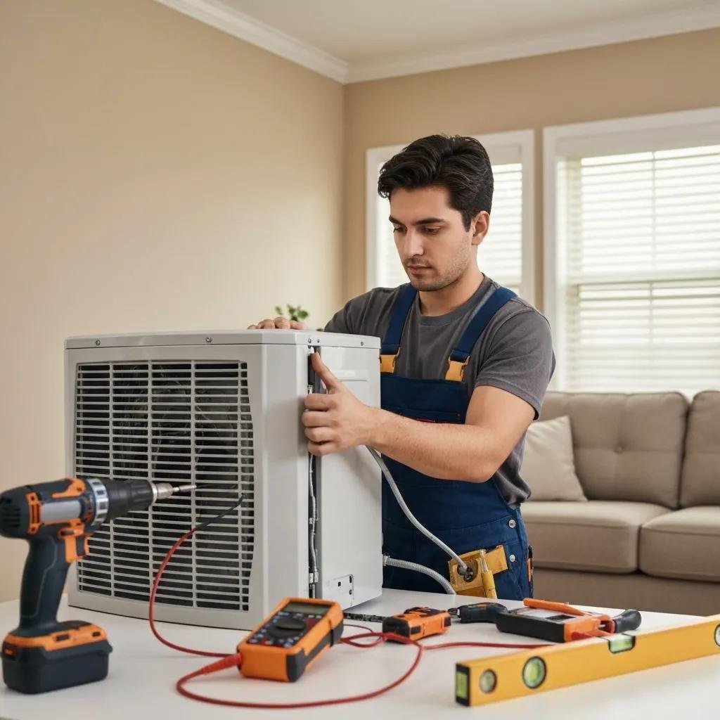 Technician installing a central air conditioning unit in a residential home