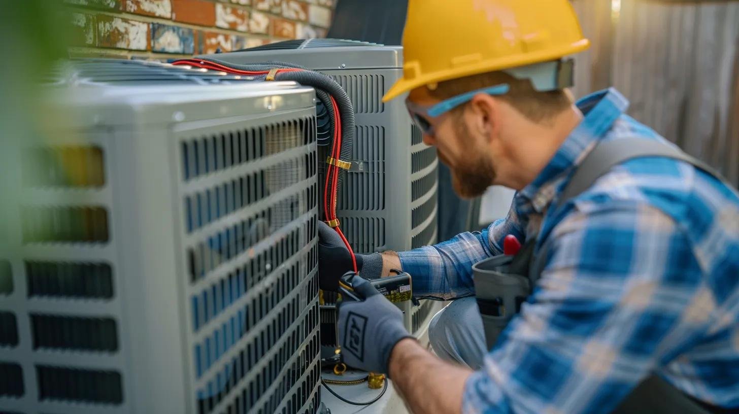 a professional hvac technician examines an advanced air conditioning unit in a modern, well-lit home interior, surrounded by tools and diagnostic equipment, illustrating the importance of selecting expert ac repair services.