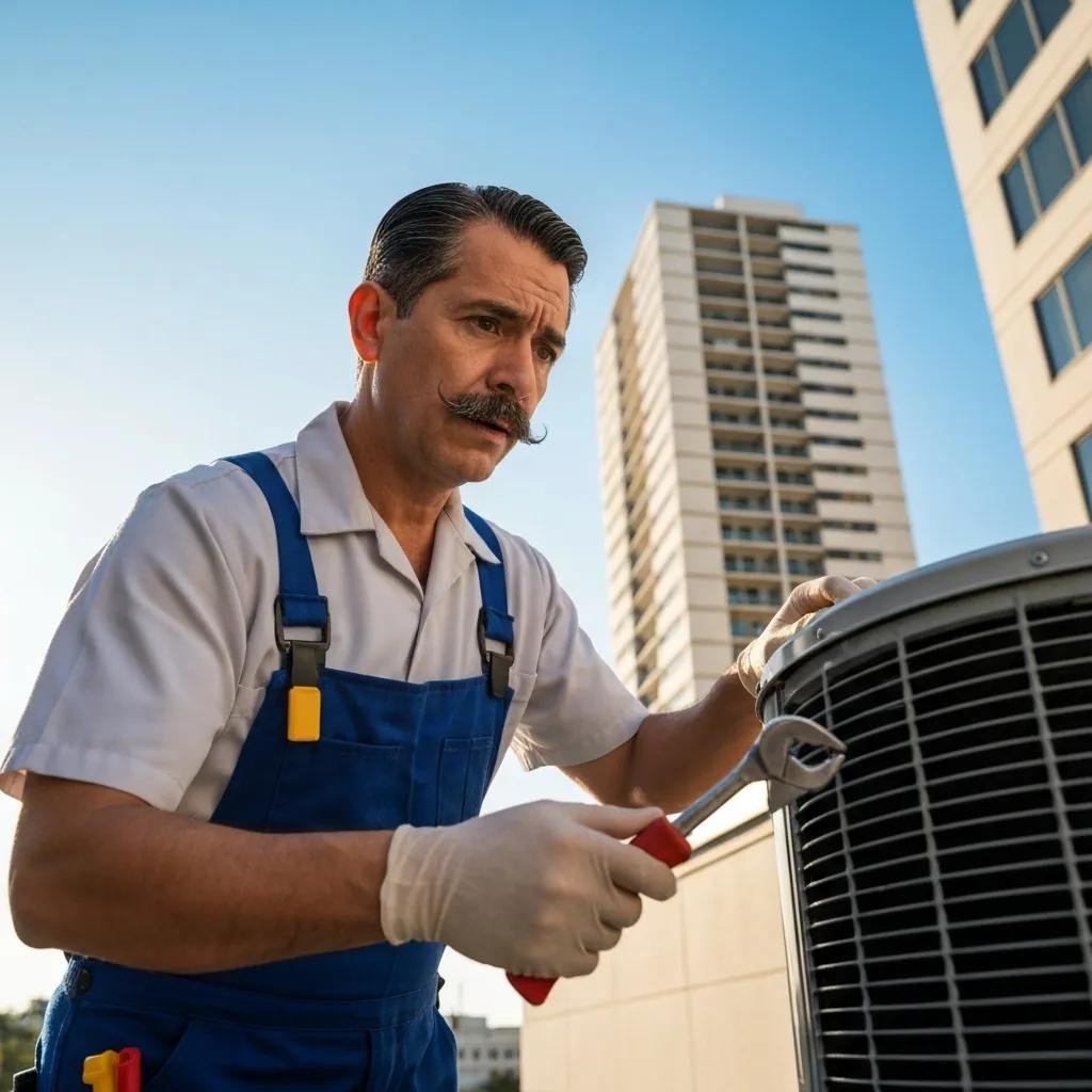 HVAC technician inspecting an outdoor AC unit during an emergency repair