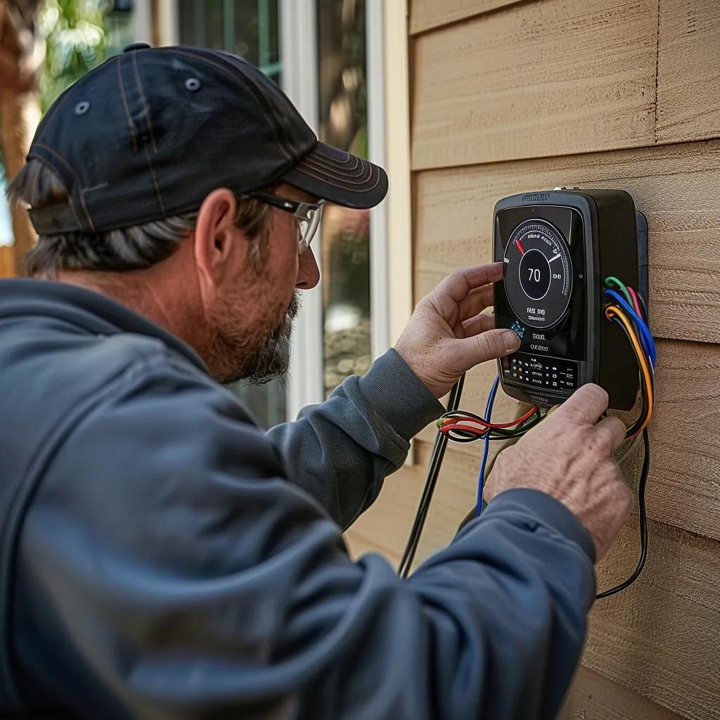 HVAC technician installing a smart thermostat, highlighting the importance of professional installation in humid climates