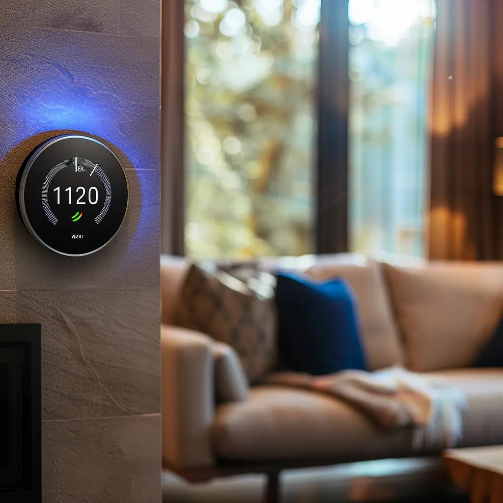 Smart thermostat interface displaying humidity control features in a cozy home environment