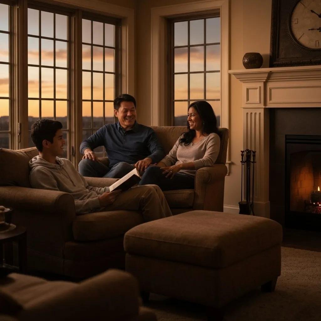 Family discussing HVAC and plumbing services in a cozy living room, emphasizing trust and comfort