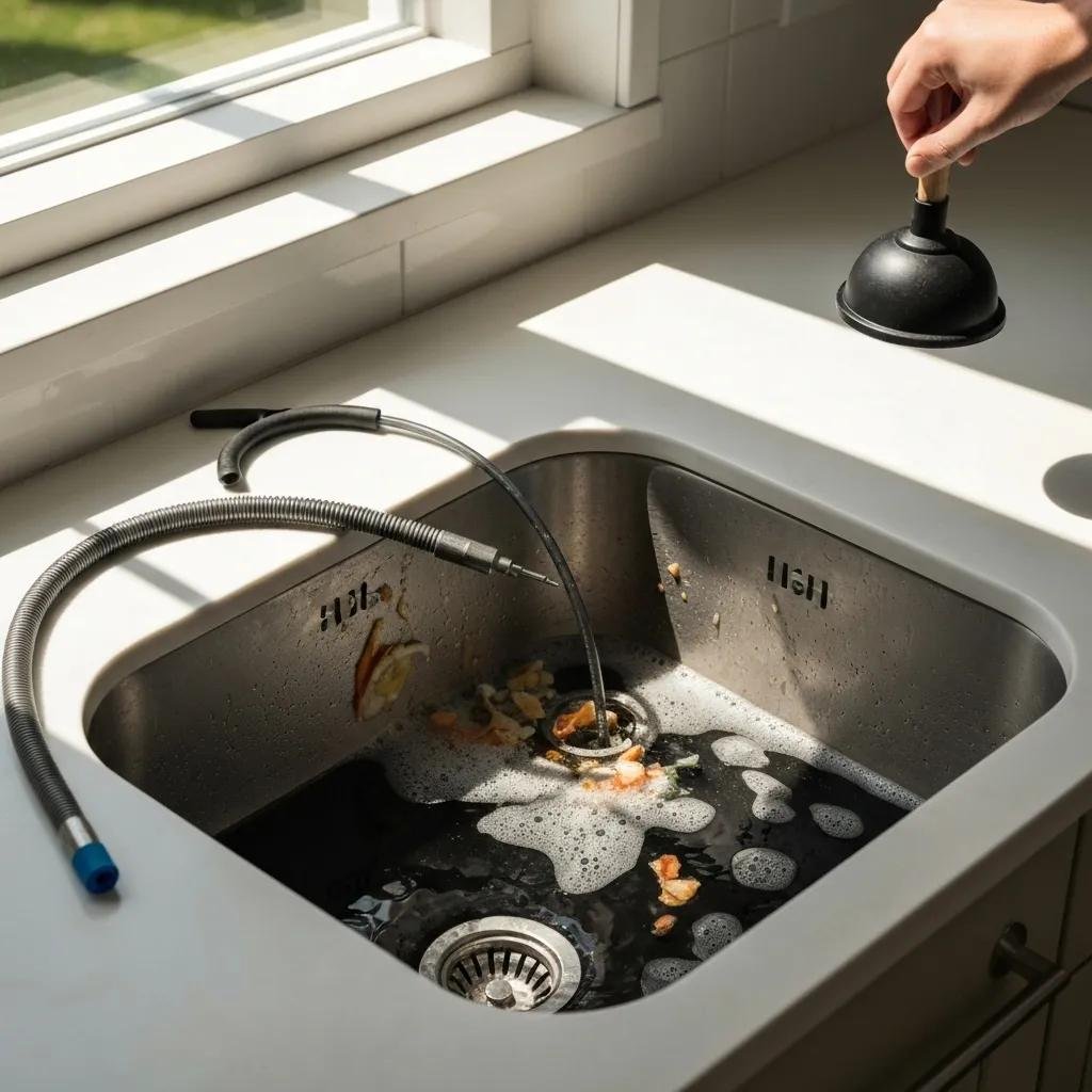 Clogged kitchen sink with debris, emphasizing the need for regular maintenance and prevention
