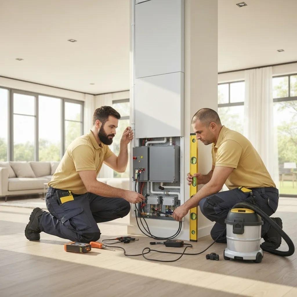 Modern HVAC installation in a residential home showcasing technicians at work