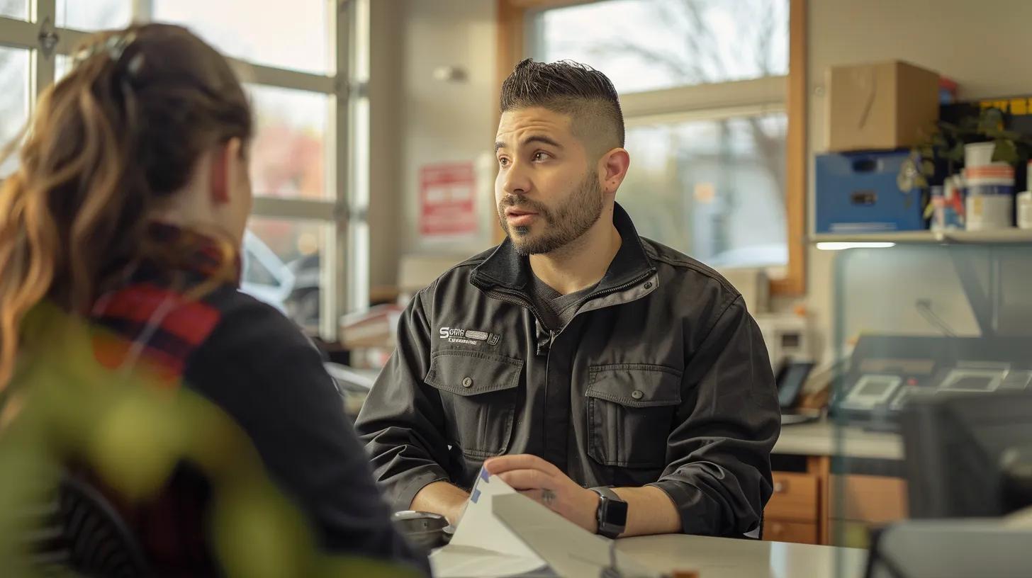 a professional drain inspection technician in a modern urban office, attentively discussing drainage solutions with a concerned homeowner, showcasing advanced inspection equipment in the background.
