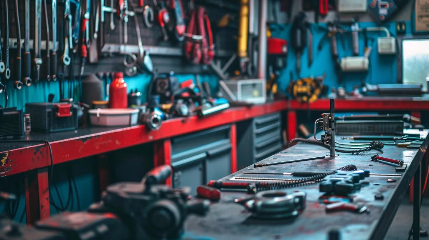 a close-up shot of a neatly organized workbench in a modern repair shop, featuring various ac components and tools, illuminated by focused overhead lighting, that effectively highlights the intricate relationship between labor charges and replacement parts in ac repair costs.