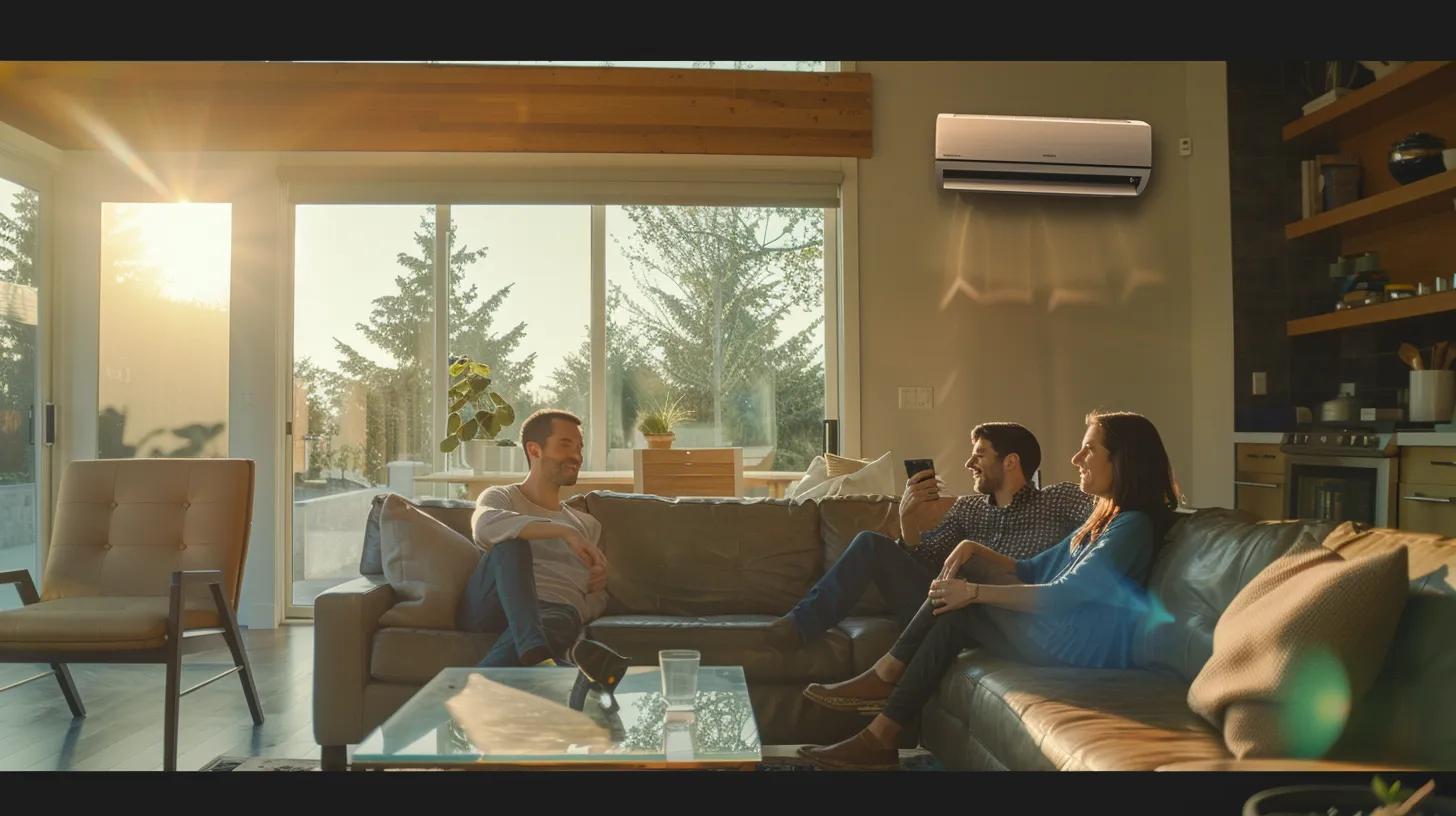 a confident homeowner discusses options with a professional technician in a modern, well-lit living room, highlighting their reliable and cost-effective ac repair solutions.