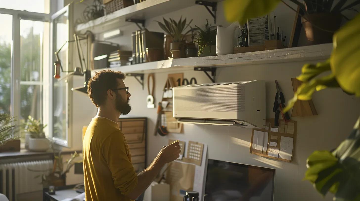 a focused scene in a modern home office shows a homeowner attentively inspecting a sleek, contemporary air conditioning unit, surrounded by tools and manuals that emphasize the theme of proactive maintenance to prevent costly repairs.