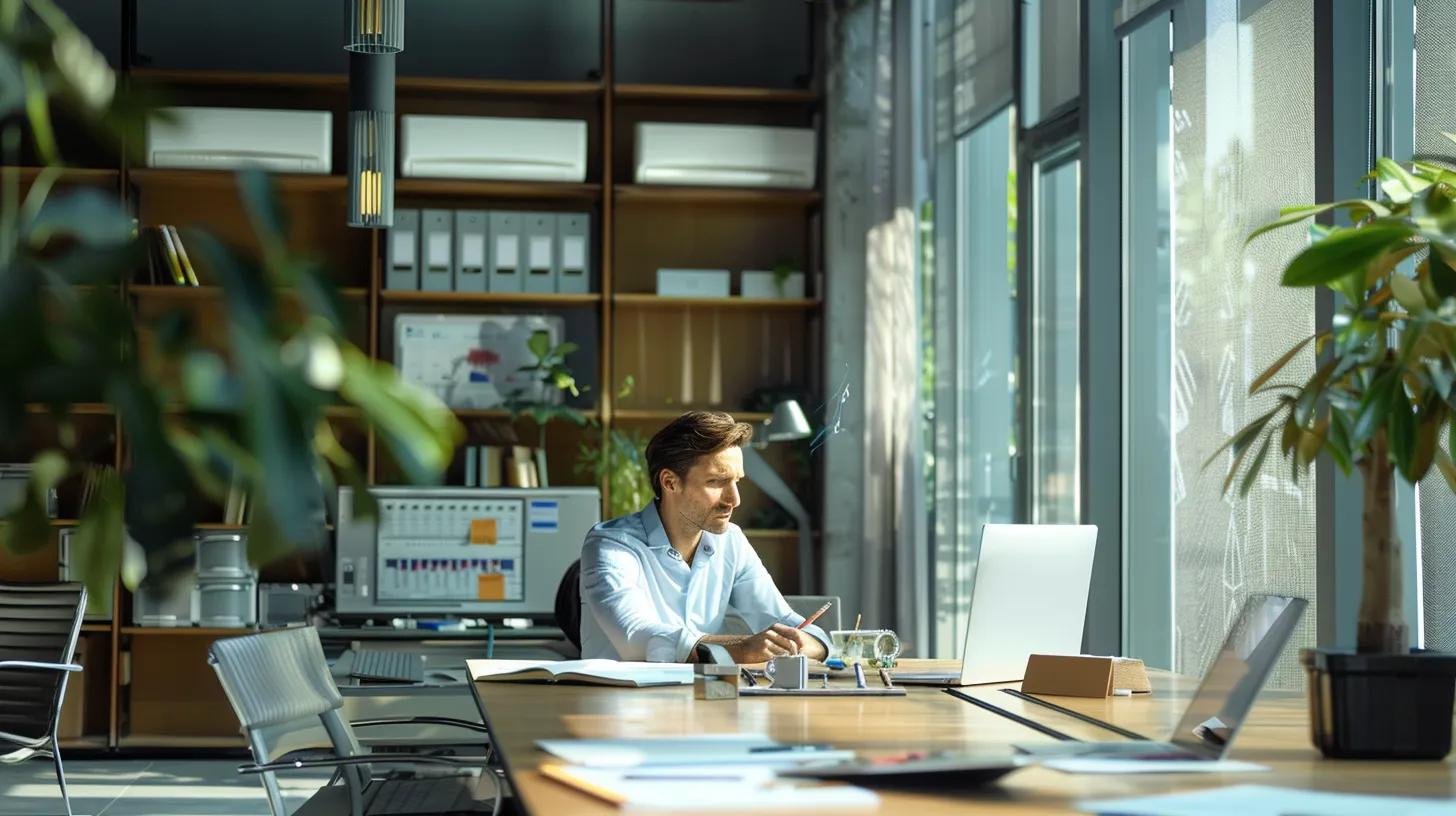a modern, well-lit office space showcases a technician inspecting a sophisticated air conditioning unit, with detailed tools and assessment charts spread across a sleek conference table, highlighting the complexities of ac repair costs.