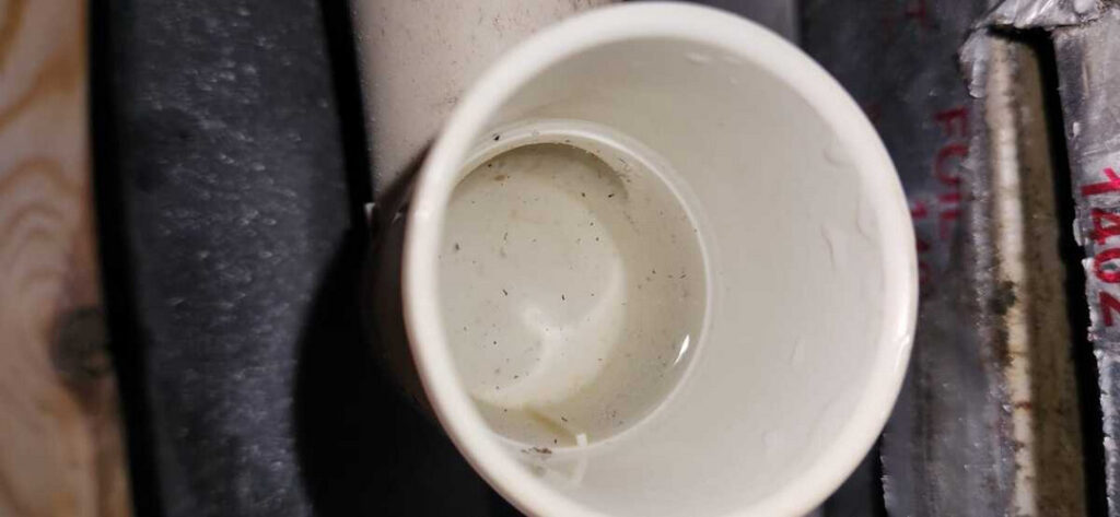 a white cup with water and particles inside placed on a dark surface possibly related to plumbing maintenance